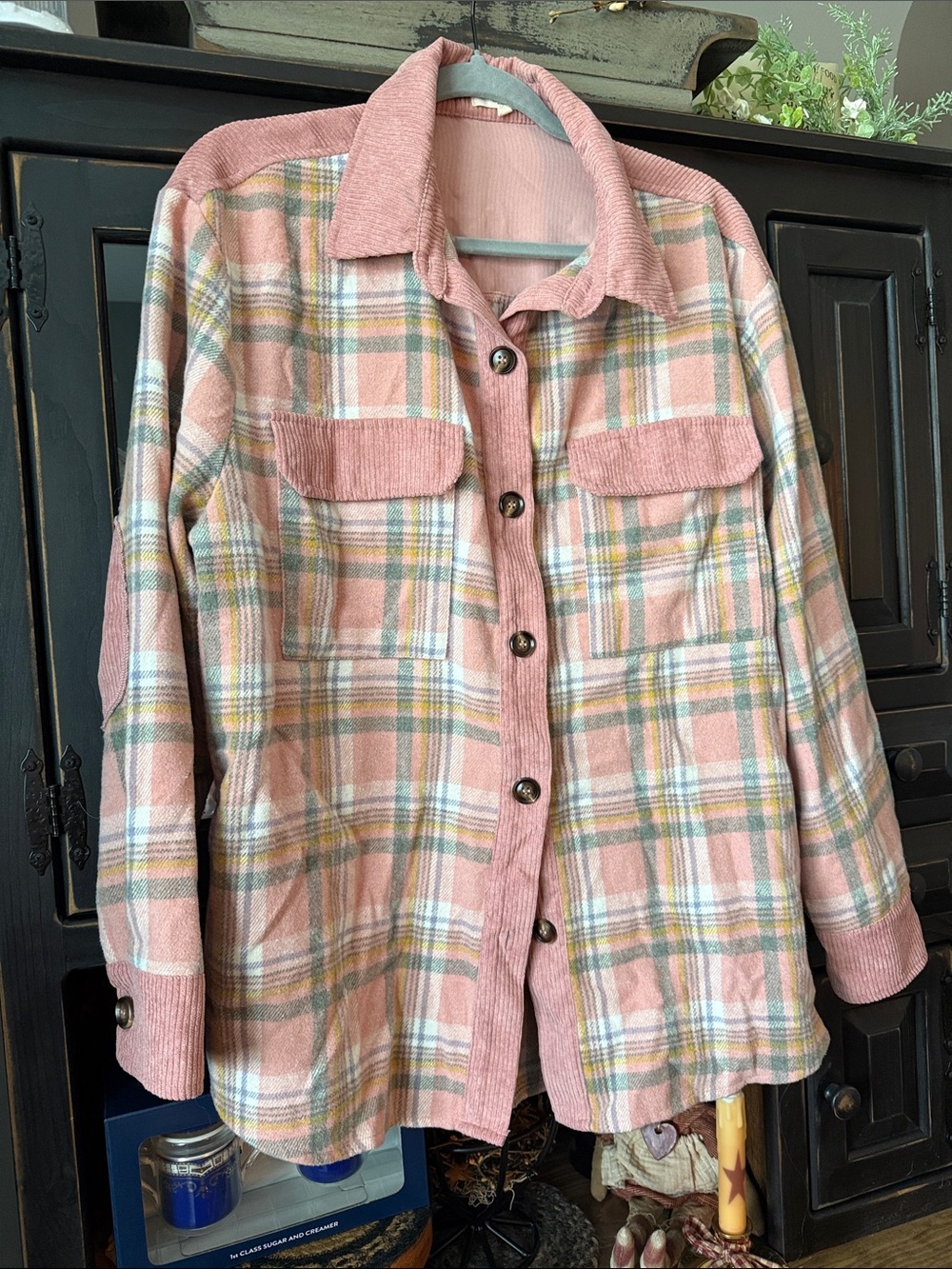 easel Pink Plaid Corduroy-Trim Utility Shacket